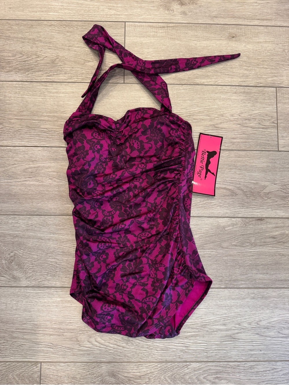 Fuchsia printed Lace “Overlay” One-Piece Swimsuit